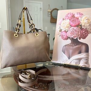 MICHAEL Michael Kors Taupe Shoulder Tote with Gold Chain Accents